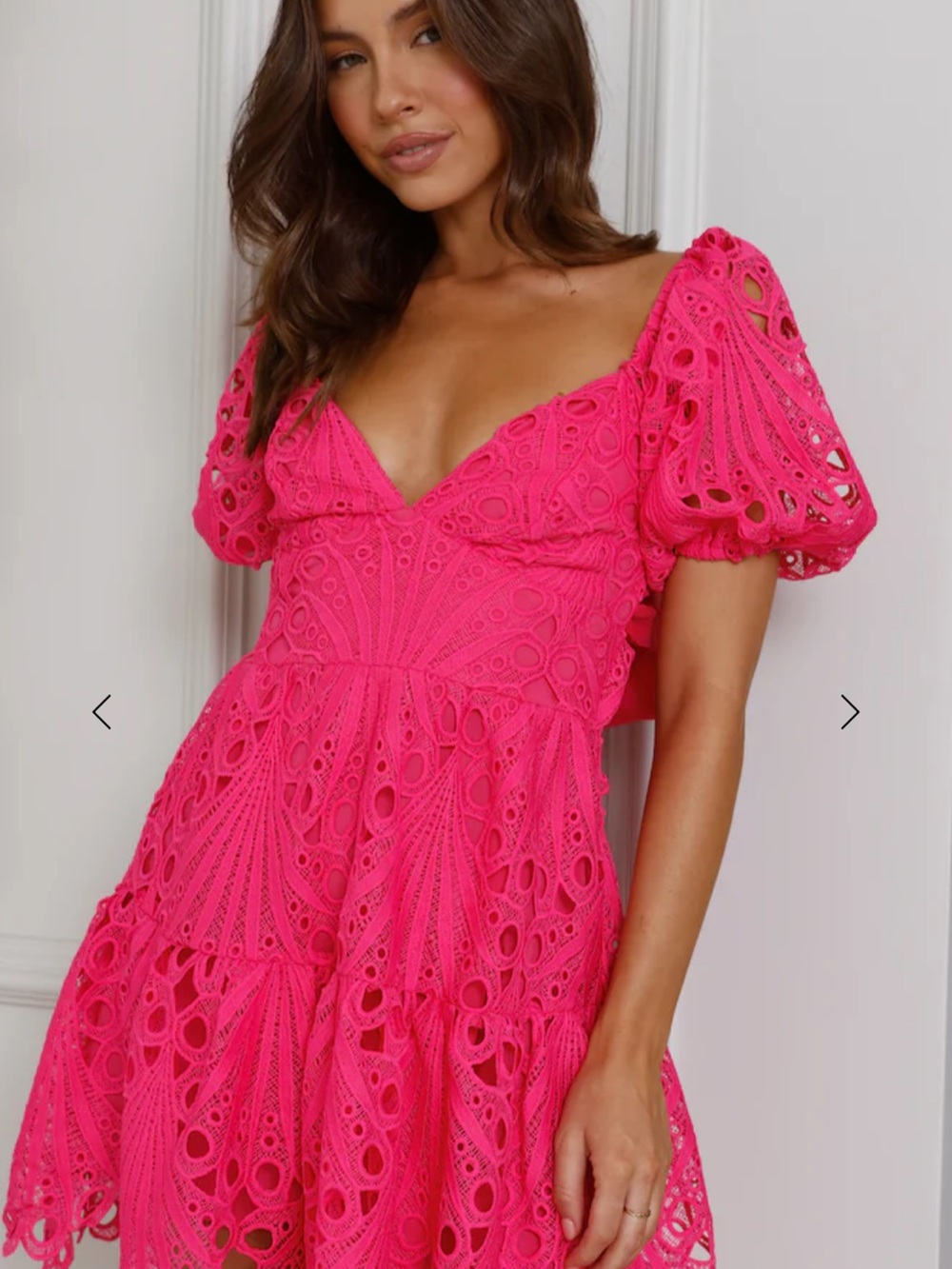 Hello Molly Hot Pink Eyelet Puff-Sleeve Mini Dress